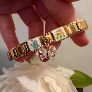 Gold-Tone Floral Italian Charm Bracelet with Crystal Butterfly Charm